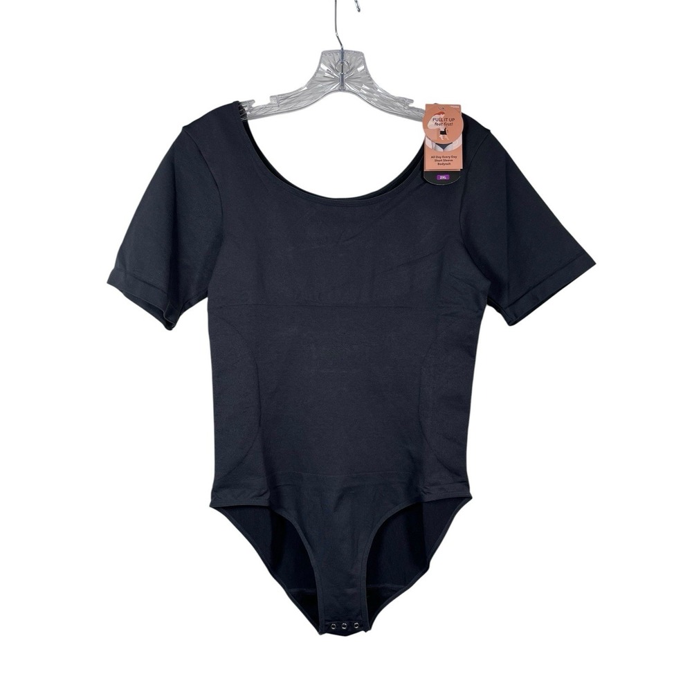 NWT SHAPERMINT Sz 2XL 2X Bodysuit Black All Day Every Day Short Sleeve Plus NEW